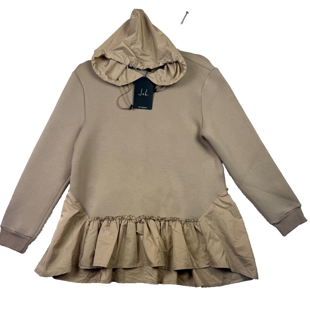 Joh Hoodie Top Womens XS Beige Fabria French Scuba‎ Ruffle Hem Tunic Long Sleeve